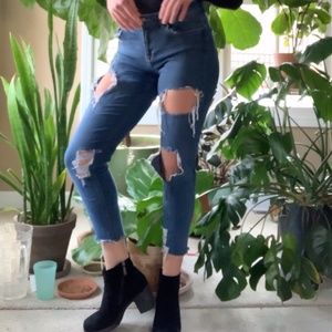 Hand-Distressed Straight Leg Jeans by Divided